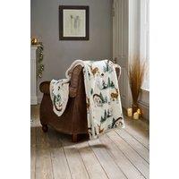 Deyongs Winter Deers Sherpa Fleece Throw - 140 x 180cm Soft Woodland Animal Blanket with Flannel Front & Cosy Reverse in Cream | Size: 140 cm x 180 cm