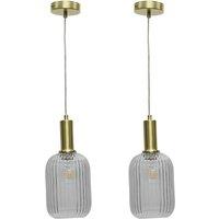 First Choice Lighting Set of 2 Batley - Clear Ribbed Glass Satin Brass Deco Pendant Fittings