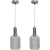 First Choice Lighting Set of 2 Batley - Clear Ribbed Glass Satin Nickel Deco Pendants