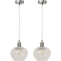 First Choice Lighting Set of 2 Bradson - Clear Swirl Glass Chrome Retro Pendant Fittings