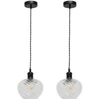 First Choice Lighting Set of 2 Bradson - Clear Swirl Glass Black Retro Pendant Fittings