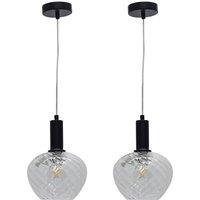 First Choice Lighting Set of 2 Bradson - Clear Swirl Glass Black Deco Pendant Fittings