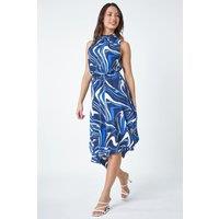 Roman Women's Sleeveless Swirl Print Asymmetric Midi Dress in Navy | Size: 18
