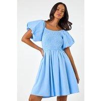 Dusk Women's Puff Sleeve Shirred Dress in Light Blue | Size: 10