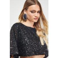 Warehouse Women's Tinsel Sequin Cropped T-Shirt Co ord in Black | Size: 8