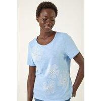 Roman Women's Floral Print Pearl Detail Top in Blue | Size: 12