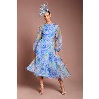 Coast Women's Organza Wrap Waist Puff Sleeve Midi Dress in Blue | Size: 18