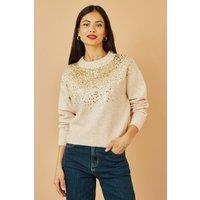 Yumi Women's Oatmeal Relaxed Knitted Jumper With Scattered Sequin Neckline in Cream | Size: Small
