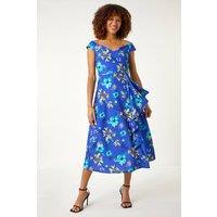 Roman Women's Floral Print Bardot Ruffle Stretch Dress in Royal | Size: 20