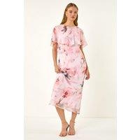 Roman Women's Floral Frill Chiffon Cape Midi Dress in Pink | Size: 18