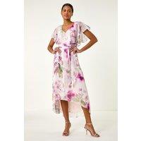 Roman Women's Floral Print Wrap Midi Dress in Pink | Size: 12
