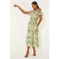 Roman Women's Floral Print Bardot Midi Dress in Mint | Size: 12