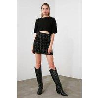 WOVCOR Women's Tweed Check Mini Skirt with Tassel Hem in Black | Size: 14