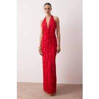 WOVCOR Women's Tulle Ruffled Lined Halter Neck Maxi Evening Dress in Red | Size: 14