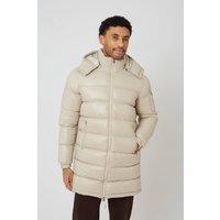 Brave Soul Men's Longline Hooded Padded Puffer Jacket in Stone | Size: Small