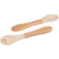 Tiny Dining Bamboo Silicone Tip Fork & Spoon Set Soft Baby Feeding Weaning Cutlery in Beige
