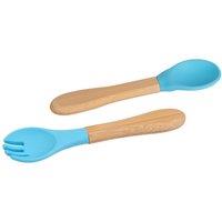 Tiny Dining Bamboo Silicone Tip Fork & Spoon Set Soft Baby Feeding Weaning Cutlery in Blue