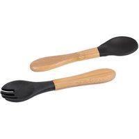 Tiny Dining Bamboo Silicone Tip Fork & Spoon Set Soft Baby Feeding Weaning Cutlery in Black
