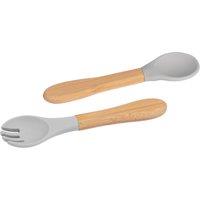 Tiny Dining Bamboo Silicone Tip Fork & Spoon Set Soft Baby Feeding Weaning Cutlery in Grey