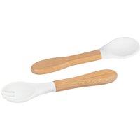 Tiny Dining Bamboo Silicone Tip Fork & Spoon Set Soft Baby Feeding Weaning Cutlery in White
