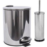 Harbour Housewares 5L Round Bathroom Bin & Brush Set - Slim Stainless Steel Bathroom Set in Silver
