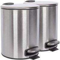 Harbour Housewares 2x Round Bathroom Pedal Bins - 5L Stainless Steel Slim Rubbish Dustbin in Metallic Silver