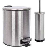 Harbour Housewares 5L Round Bathroom Bin & Brush Set - Slim Stainless Steel Bathroom Set in Metallic Silver