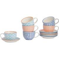 Nicola Spring Hand-Printed Cappuccino Cup & Saucer Set - 250ml - 3 Colours - 12 Piece