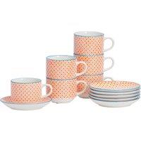 Nicola Spring 12 Piece Hand-Printed Cappuccino Cup & Saucer Set - 250ml in Orange