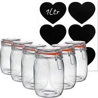 Argon Tableware 6x Glass Storage Jars & Heart Labels Set - 1L/33.8oz in Clear