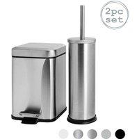 Harbour Housewares 3L Mismatched Bathroom Bin & Brush Set Slim Stainless Steel Toilet Set in Metallic Silver