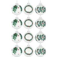 Shatchi Christmas Glass Baubles 12pcs Set - 8cm White Ornaments with 3 Elegant Assorted Designs