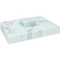 Harbour Housewares 12pc Glass Placemats & Square Coasters Set - 40 x 30cm Marble Effect in White | Size: 40 x 30 cm