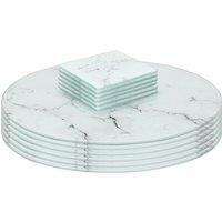 Harbour Housewares 12pc Round Glass Placemats & Square Coasters Set - 30cm Marble Effect in White