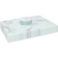 Harbour Housewares 12pc Glass Placemats & Round Coasters Set - 40 x 30cm Marble Effect in White | Size: 40 x 30 cm
