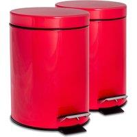 Harbour Housewares 2x Round Bathroom Pedal Bins - 3L Stainless Steel Slim Rubbish Dustbin in Red