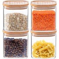 Argon Tableware 4x Square Glass Storage Jars with Airtight Wooden Lids - 680ml in Clear