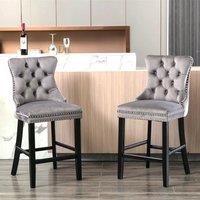 HomeTouch Set of 2 Grey Velvet Kitchen Breakfast Barstools with Wooden Legs | Size: 2 Pack