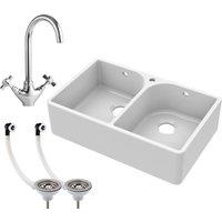 Balterley 2 Bowl Fireclay Belfast Sink Tap Hole Full Wier Waste Mono Mixer Tap in White
