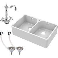 Balterley 2 Bowl Fireclay Belfast Sink Tap Hole Full Wier Waste Mono Mixer Tap in White