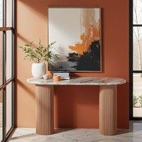 IH Design Bundi Natural Marble & Wood Pedestal Console Table in Brown