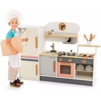 Costway Pretend Play Set Wooden Kitchen & Refrigerator w/ Realistic Range Hood in Beige
