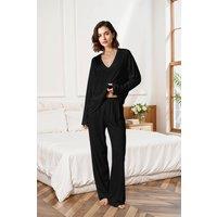 MODISHION Women's Lightweight V-Neck Two-Piece Pyjama Set in Black | Size: XL