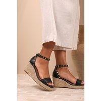 Where's That From Women's 'Sawyer' Wide Fit Wedge Sandals With Gladiator Ankle Strap in Black | Size: 7E