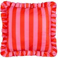 Furn Palm Royale Stripe Ruffle Printed Outdoor Cushion in Red | Size: 50 cm x 50 cm