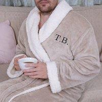 Duncan Stewart Personalised Sherpa Fleece Dressing Gown in Taupe | Size: Medium