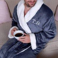 Duncan Stewart Personalised Sherpa Fleece Dressing Gown in Grey | Size: Medium