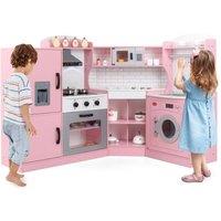 Costway Corner Play Kitchen Toddler Kitchen Playset with Range Hood-Pink in Pink