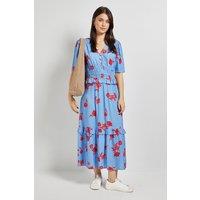 Dorothy Perkins Women's Blue Floral Empire Shirred Bodice Button Detail Maxi Dress | Size: 8