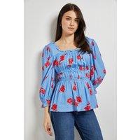 Dorothy Perkins Women's Blue Floral Square Neck Blouson Sleeve Top | Size: 10